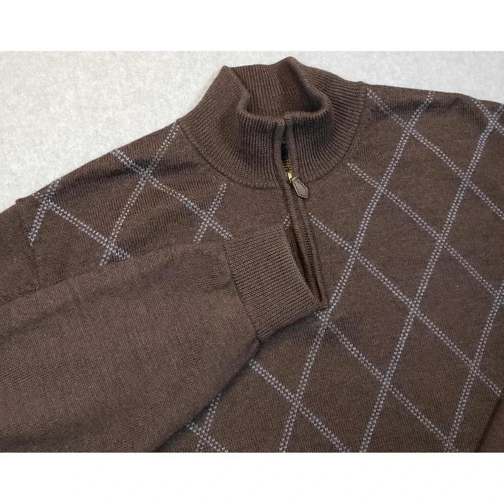 Brooks Brothers Merino Wool Quarter Zip Sweater Mens Brown Diamond Sz XL Vintage